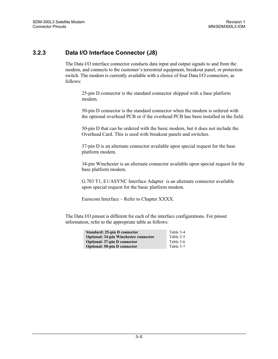 Data i/o interface connector (j8), 3 data i/o interface connector (j8) | Comtech EF Data SDM-300L3 User Manual | Page 59 / 408