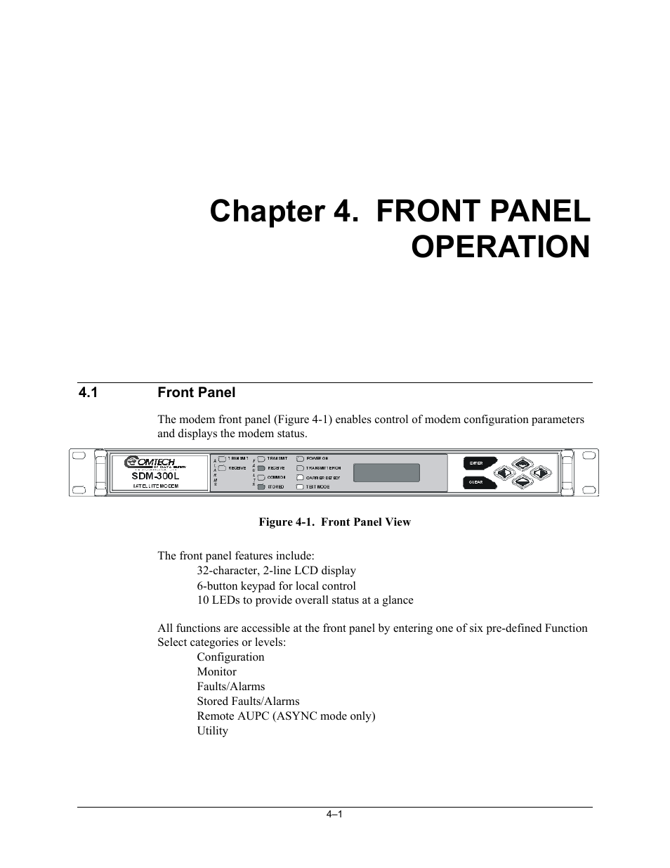 4 front panel operation, Front panel, Chapter 4. front panel operation | Comtech EF Data SDM-300L3 User Manual | Page 69 / 408