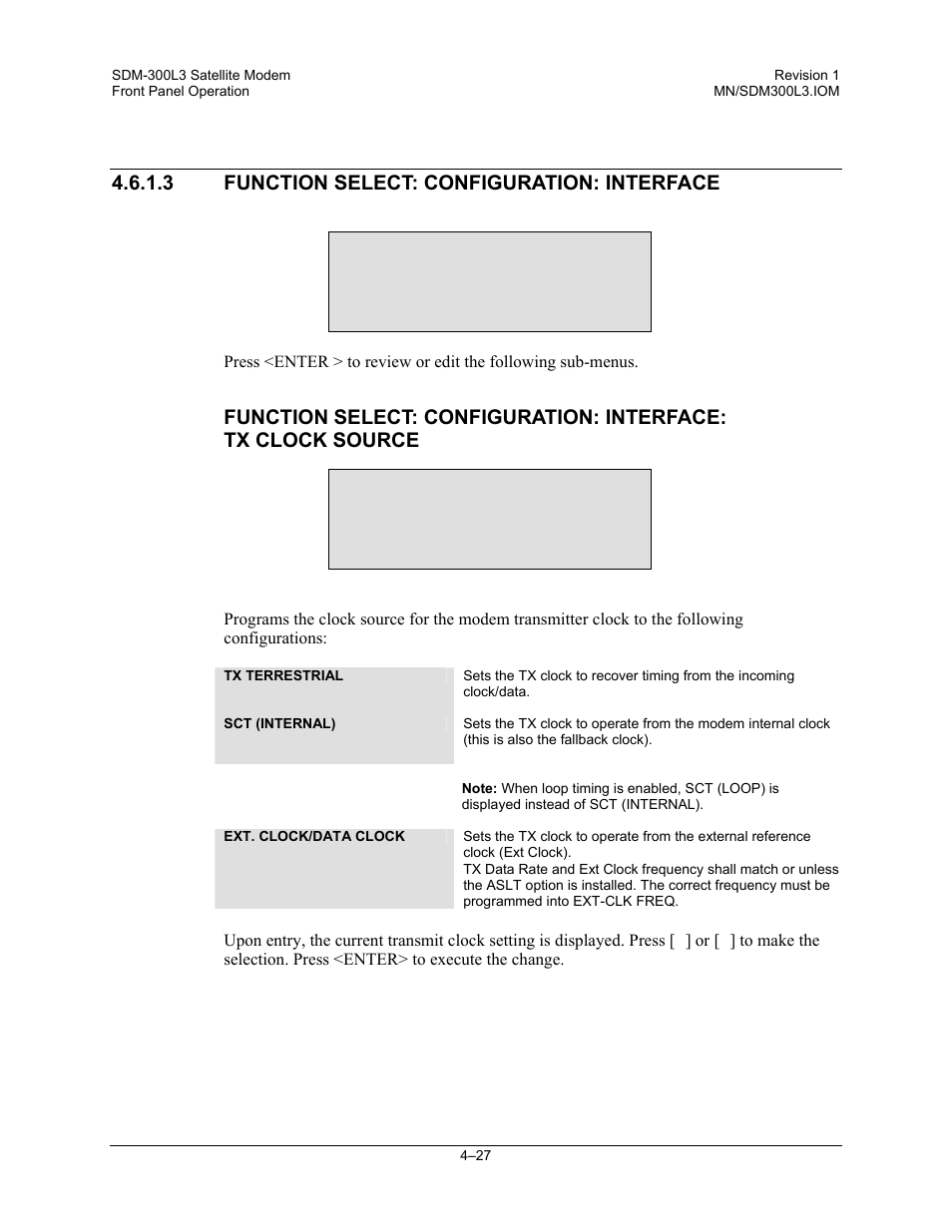 3function select: configuration: interface, Configuration interface, Tx clock source tx terrestrial | Comtech EF Data SDM-300L3 User Manual | Page 95 / 408