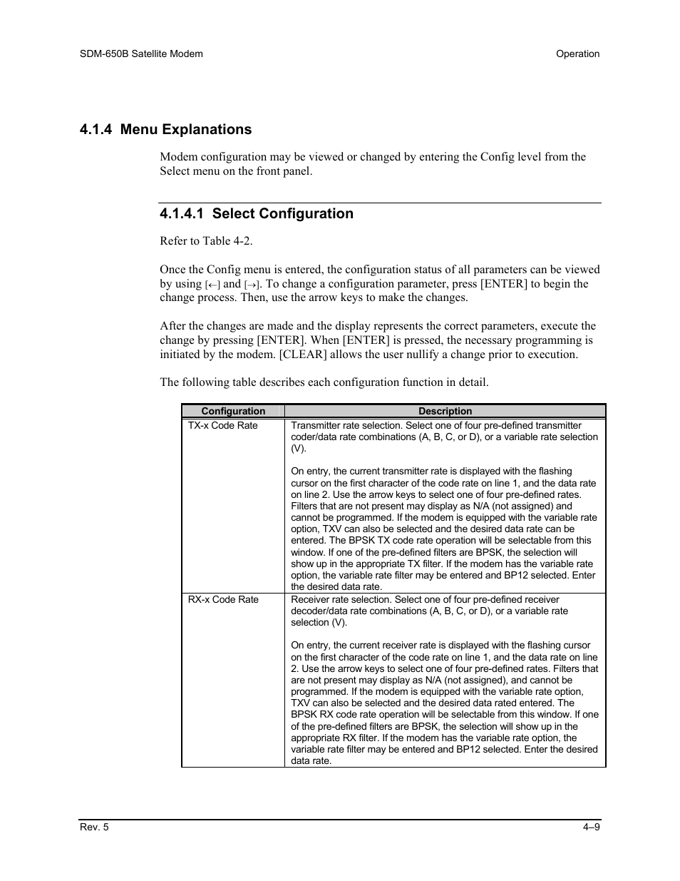 4 menu explanations, 1 select configuration | Comtech EF Data SDM-650B User Manual | Page 111 / 348