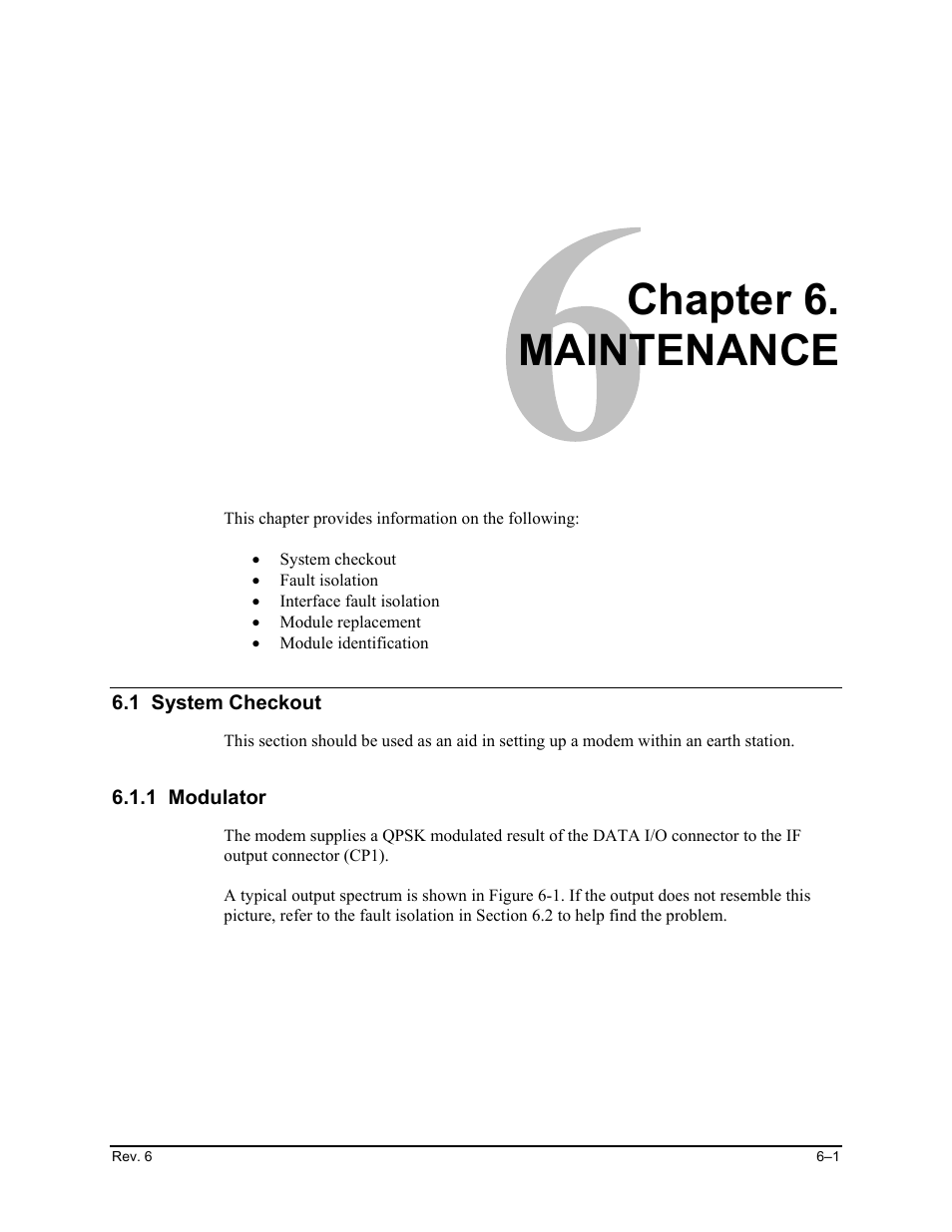 Maintenance, 1 system checkout, 1 modulator | Chapter 6. maintenance | Comtech EF Data SDM-650B User Manual | Page 145 / 348