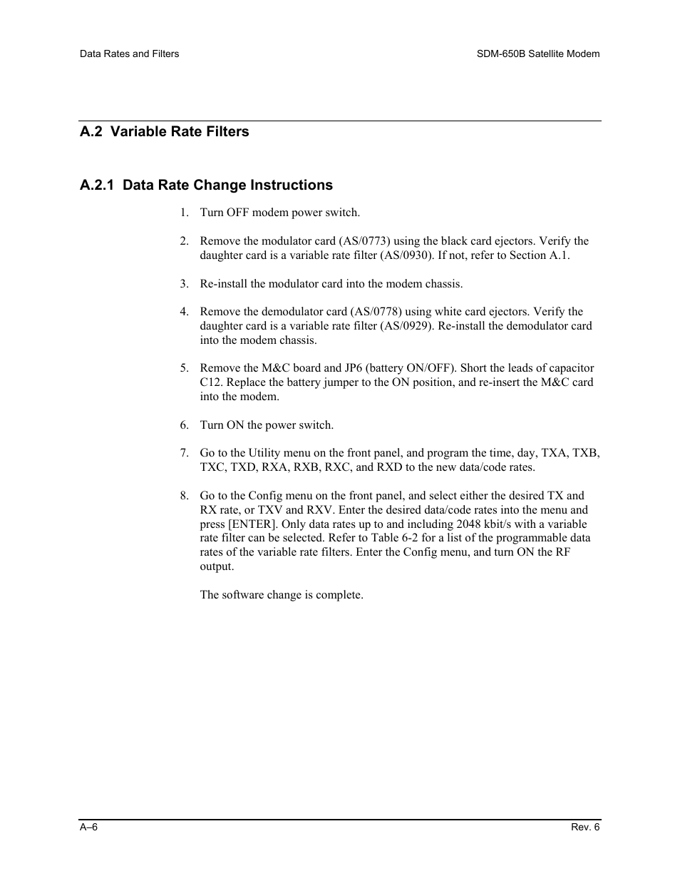 A.2 variable rate filters, A.2.1 data rate change instructions | Comtech EF Data SDM-650B User Manual | Page 172 / 348