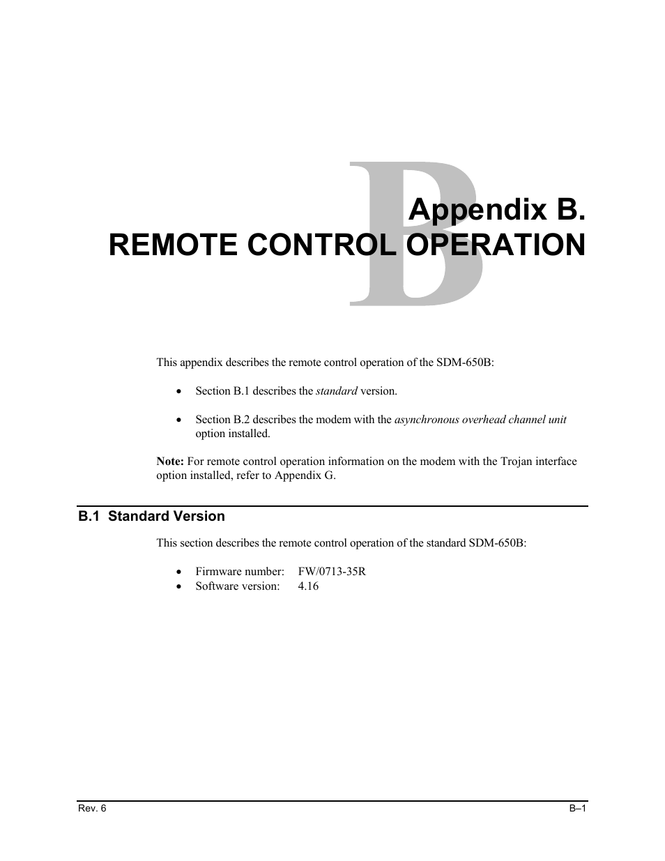 B. remote control operation, B.1 standard version, Appendix b. remote control operation | Comtech EF Data SDM-650B User Manual | Page 177 / 348