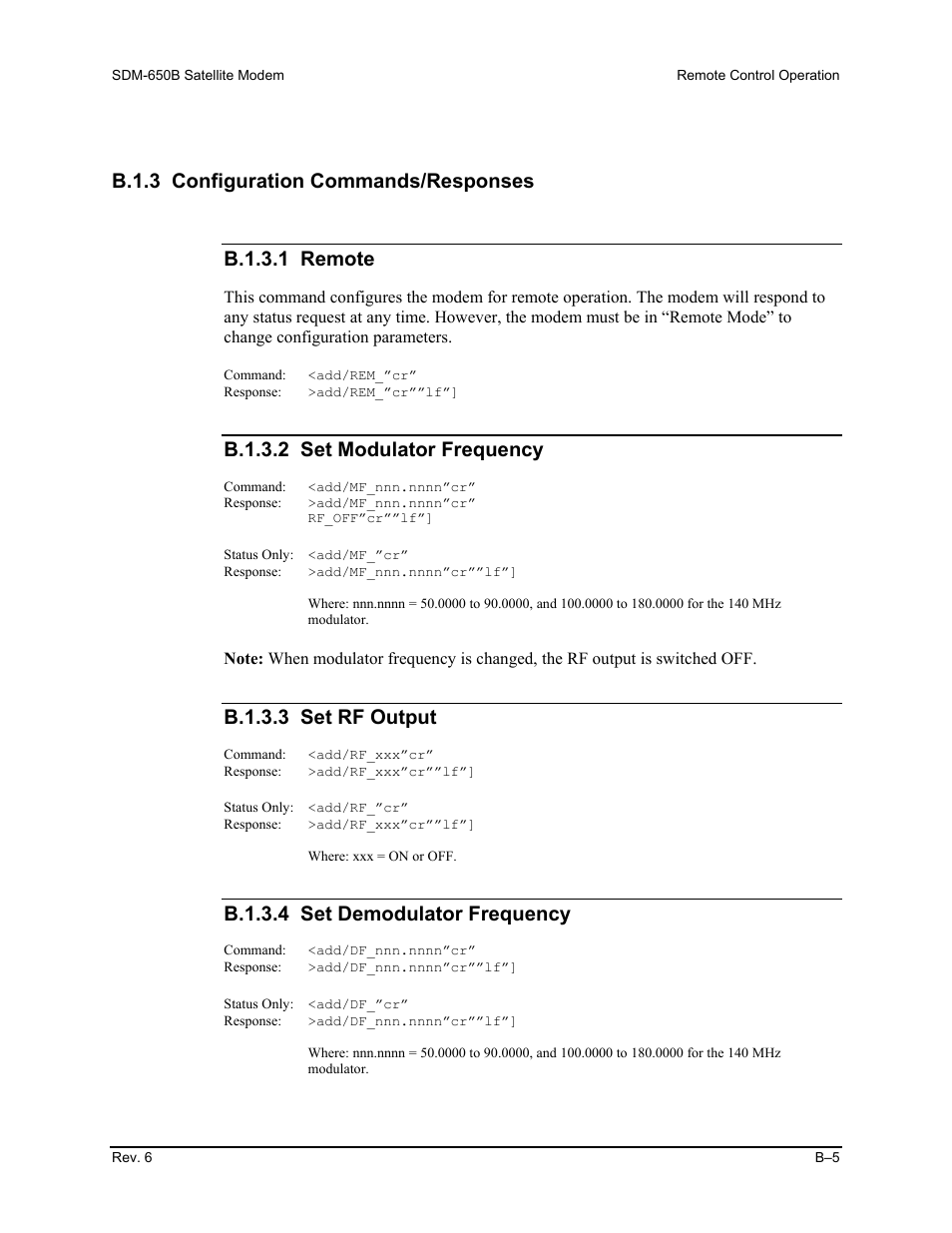 B.1.3 configuration commands/responses, B.1.3.2 set modulator frequency, B.1.3.3 set rf output | B.1.3.4 set demodulator frequency | Comtech EF Data SDM-650B User Manual | Page 181 / 348