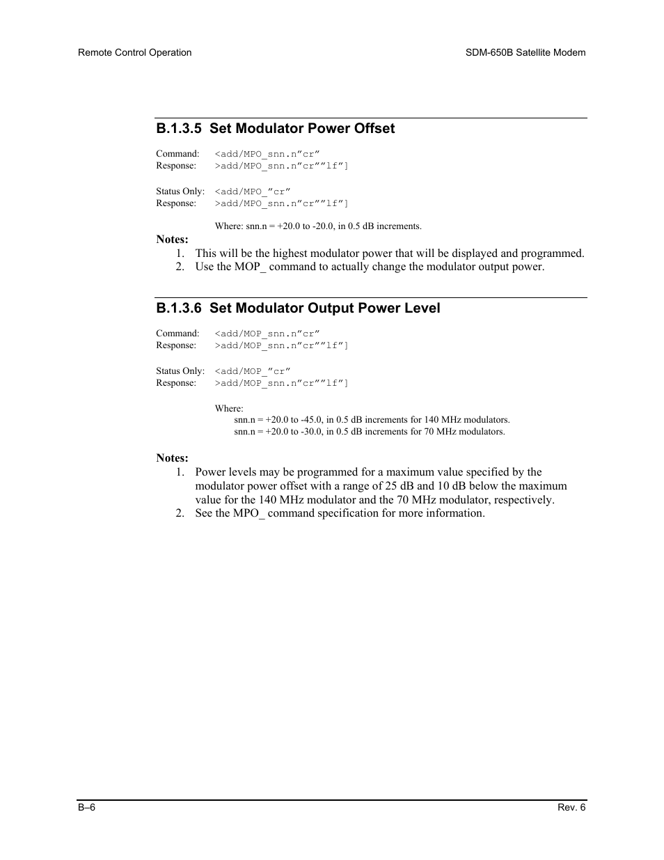 B.1.3.5 set modulator power offset, B.1.3.6 set modulator output power level | Comtech EF Data SDM-650B User Manual | Page 182 / 348