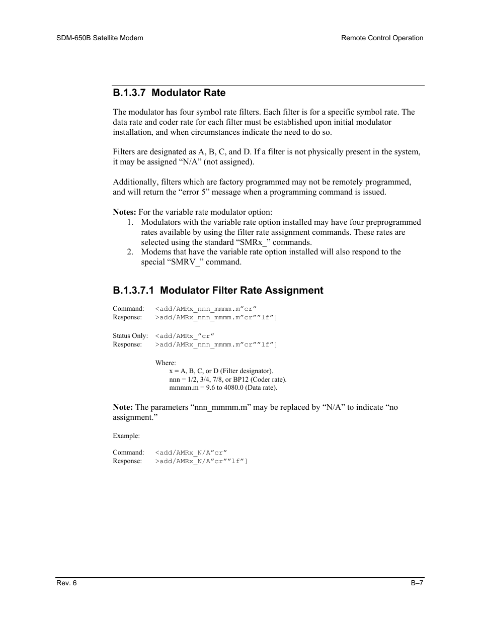 B.1.3.7 modulator rate, B.1.3.7.1 modulator filter rate assignment | Comtech EF Data SDM-650B User Manual | Page 183 / 348