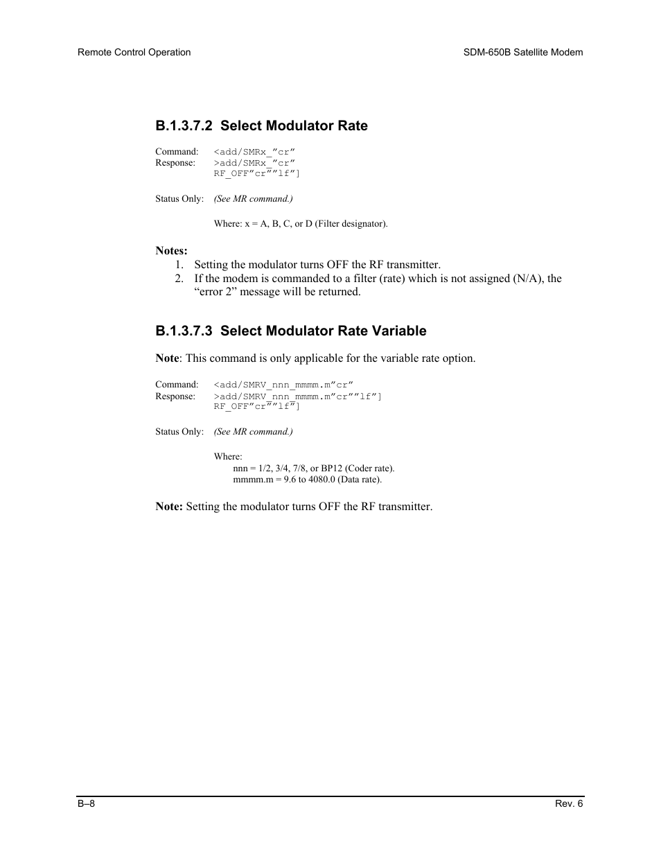 B.1.3.7.2 select modulator rate, B.1.3.7.3 select modulator rate variable | Comtech EF Data SDM-650B User Manual | Page 184 / 348