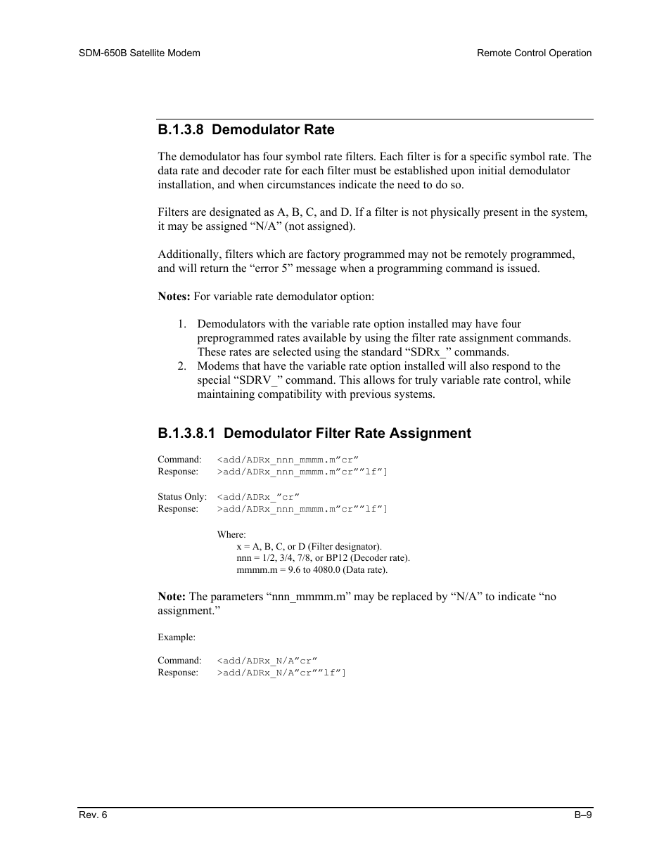 B.1.3.8 demodulator rate, B.1.3.8.1 demodulator filter rate assignment | Comtech EF Data SDM-650B User Manual | Page 185 / 348