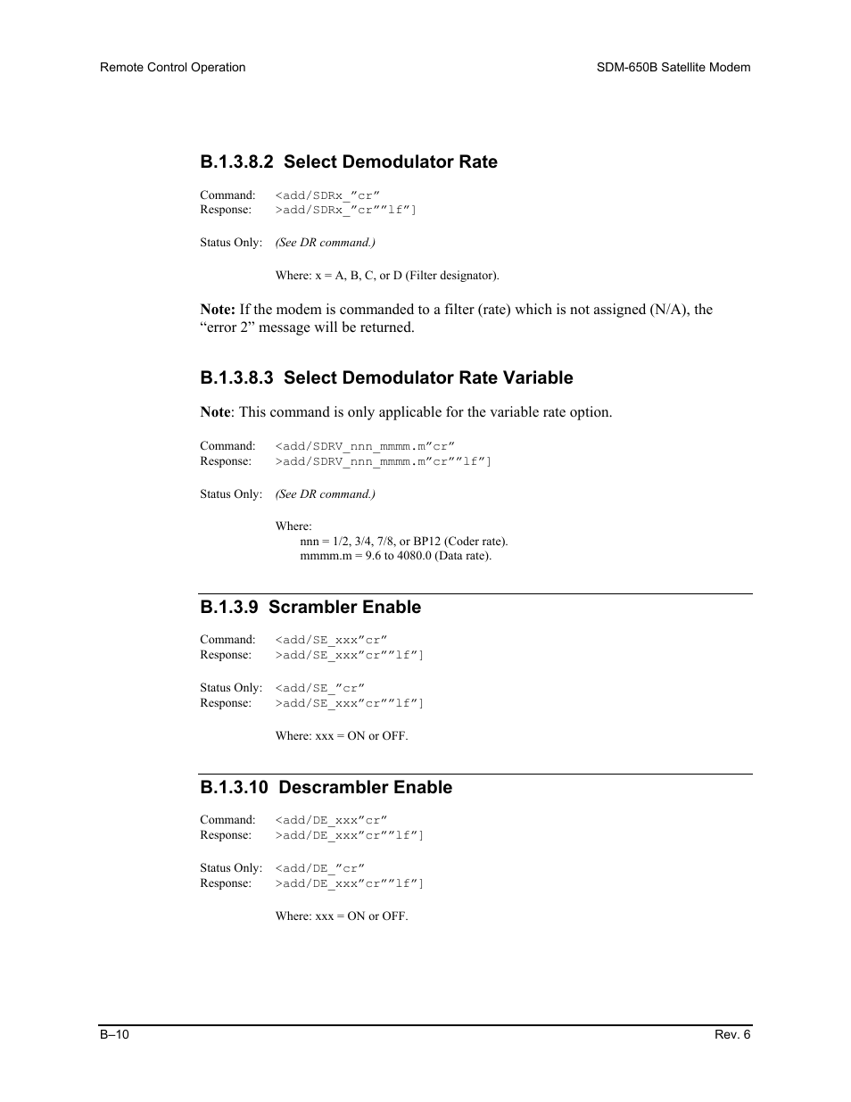 B.1.3.8.2 select demodulator rate, B.1.3.8.3 select demodulator rate variable, B.1.3.9 scrambler enable | B.1.3.10 descrambler enable | Comtech EF Data SDM-650B User Manual | Page 186 / 348