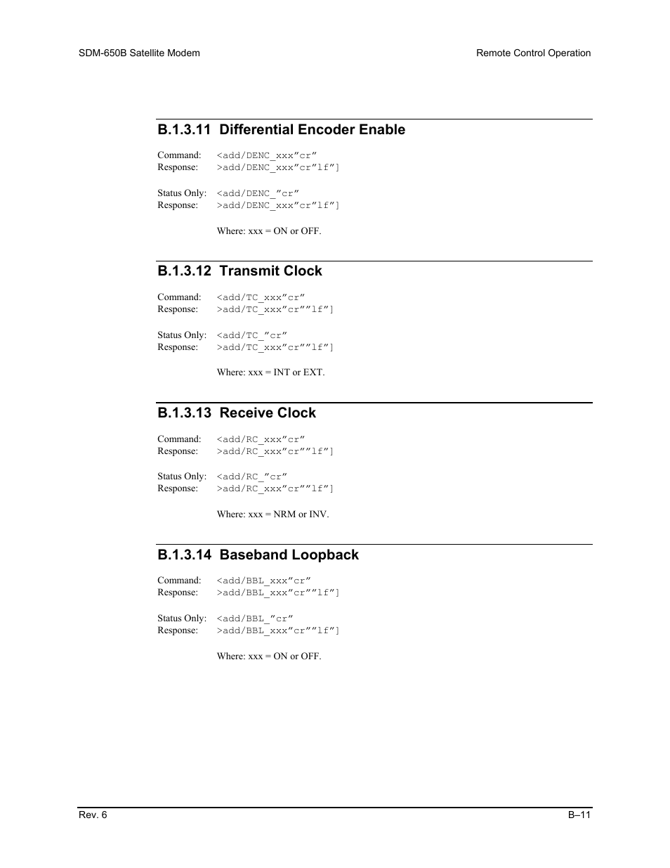 B.1.3.11 differential encoder enable, B.1.3.12 transmit clock, B.1.3.13 receive clock | B.1.3.14 baseband loopback | Comtech EF Data SDM-650B User Manual | Page 187 / 348