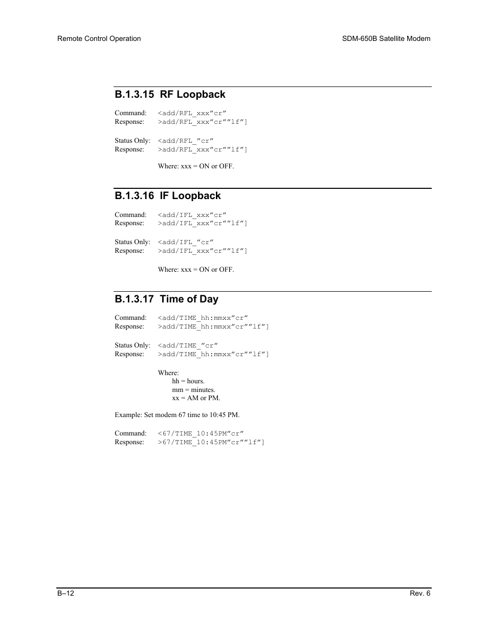 B.1.3.15 rf loopback, B.1.3.16 if loopback, B.1.3.17 time of day | Comtech EF Data SDM-650B User Manual | Page 188 / 348