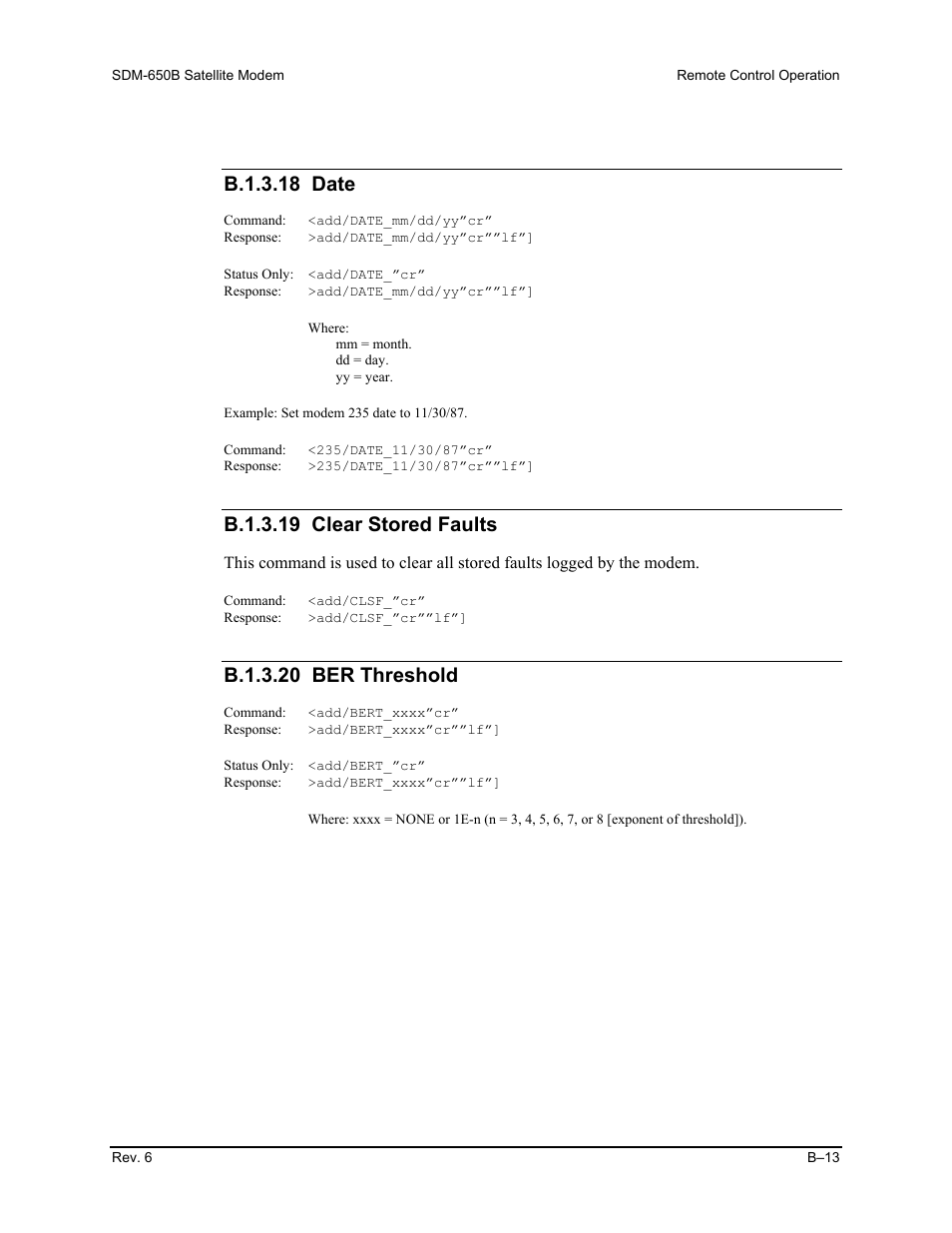 B.1.3.18 date, B.1.3.19 clear stored faults, B.1.3.20 ber threshold | Comtech EF Data SDM-650B User Manual | Page 189 / 348