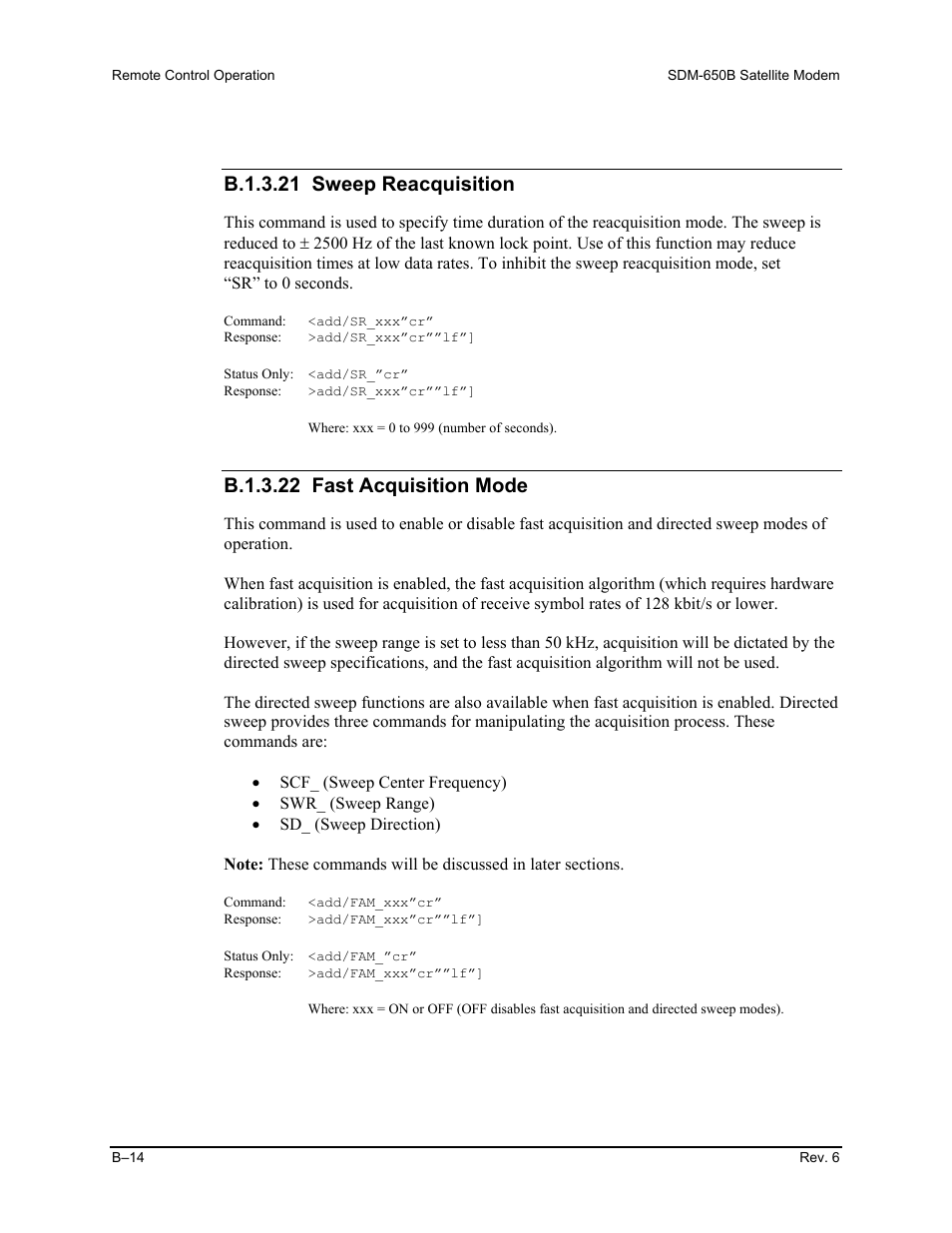 B.1.3.21 sweep reacquisition, B.1.3.22 fast acquisition mode | Comtech EF Data SDM-650B User Manual | Page 190 / 348