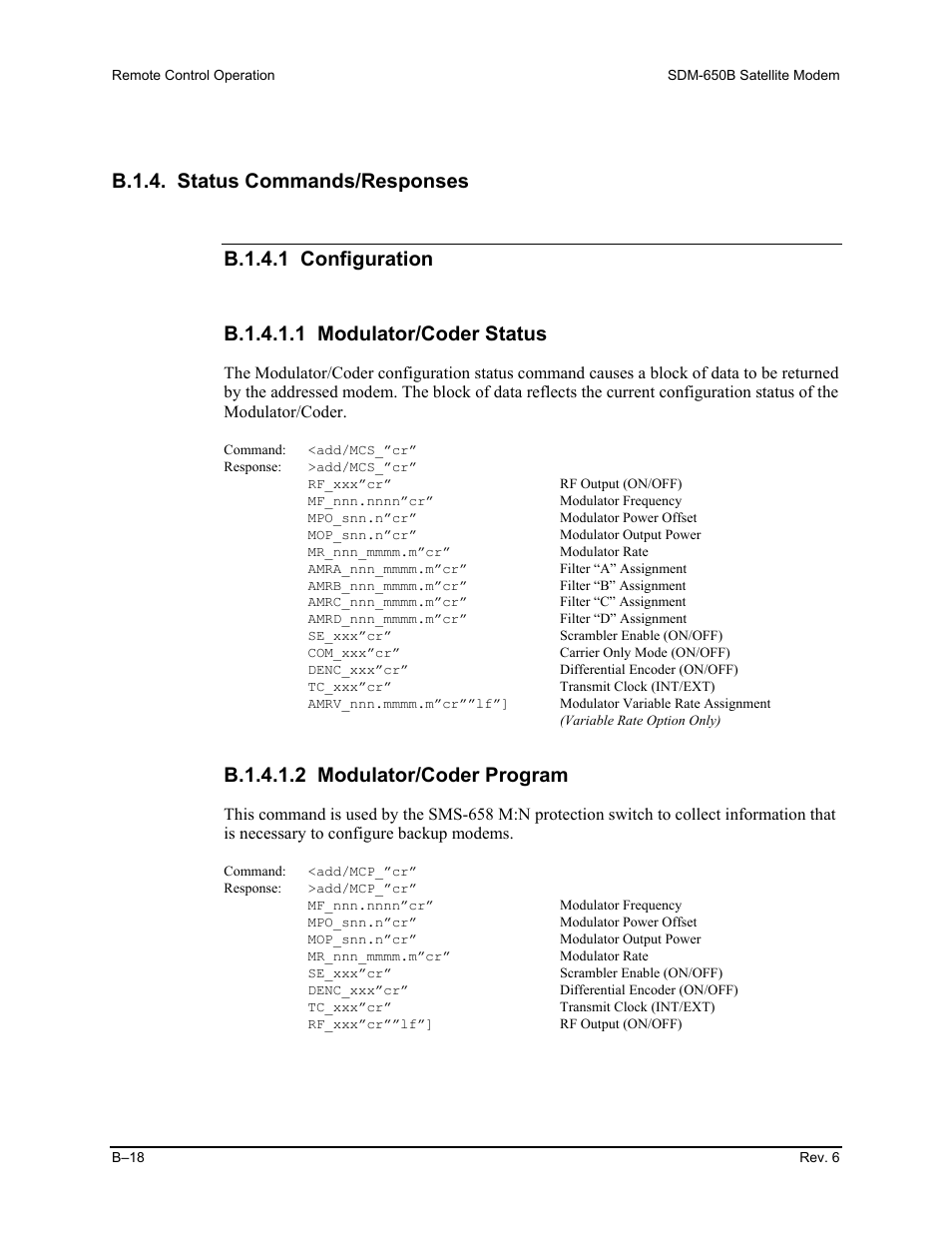 B.1.4. status commands/responses, B.1.4.1.2 modulator/coder program | Comtech EF Data SDM-650B User Manual | Page 194 / 348