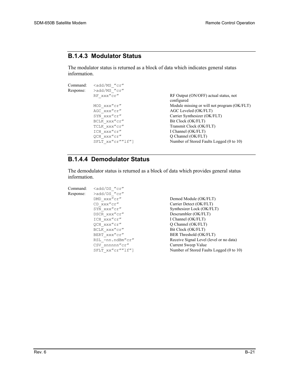 B.1.4.3 modulator status, B.1.4.4 demodulator status | Comtech EF Data SDM-650B User Manual | Page 197 / 348