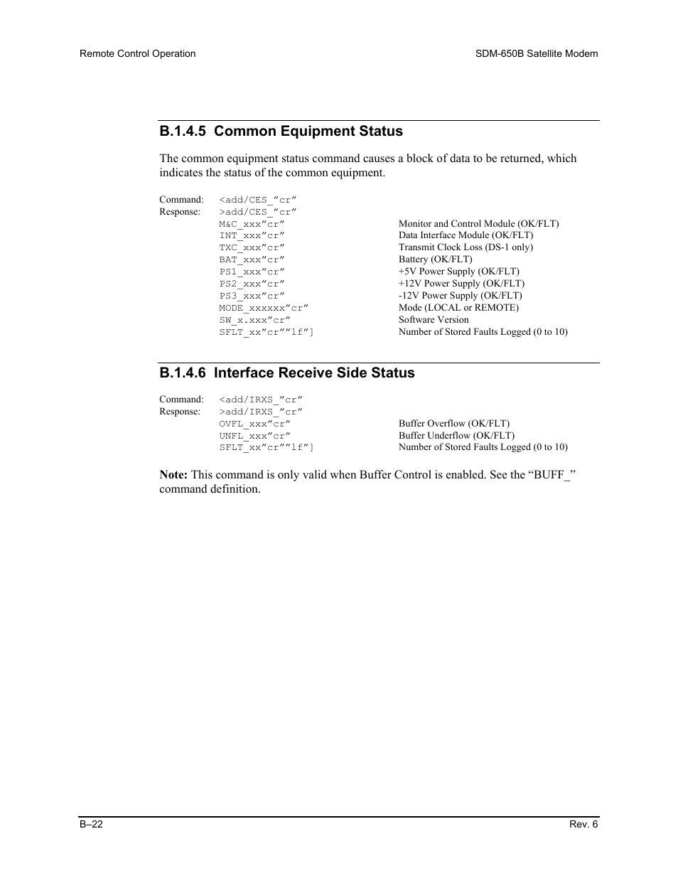 B.1.4.5 common equipment status, B.1.4.6 interface receive side status | Comtech EF Data SDM-650B User Manual | Page 198 / 348