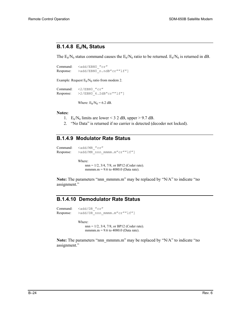 B.1.4.8 e, Status, B.1.4.9 modulator rate status | B.1.4.10 demodulator rate status | Comtech EF Data SDM-650B User Manual | Page 200 / 348