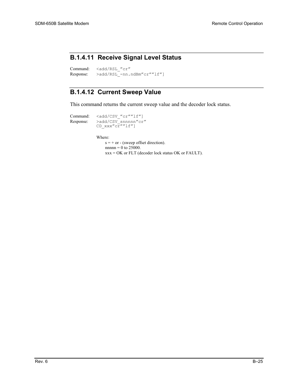 B.1.4.11 receive signal level status, B.1.4.12 current sweep value | Comtech EF Data SDM-650B User Manual | Page 201 / 348