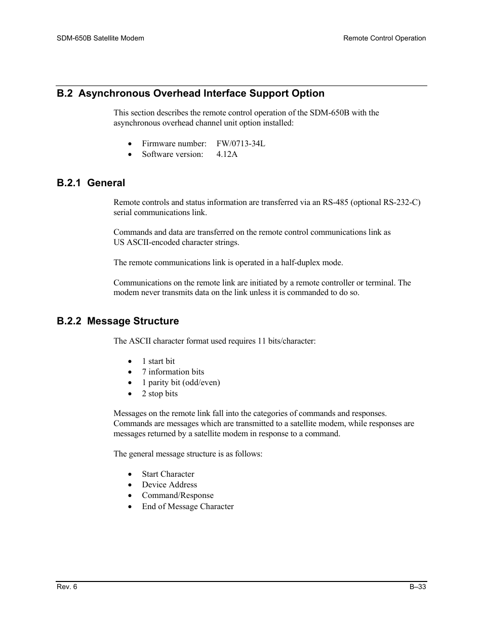 B.2 asynchronous overhead interface support option, B.2.1 general, B.2.2 message structure | Comtech EF Data SDM-650B User Manual | Page 209 / 348