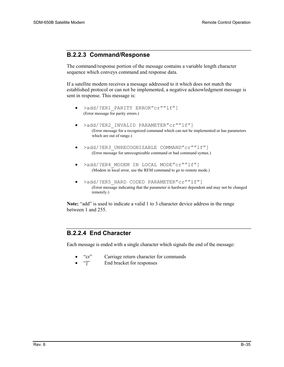B.2.2.3 command/response, B.2.2.4 end character | Comtech EF Data SDM-650B User Manual | Page 211 / 348
