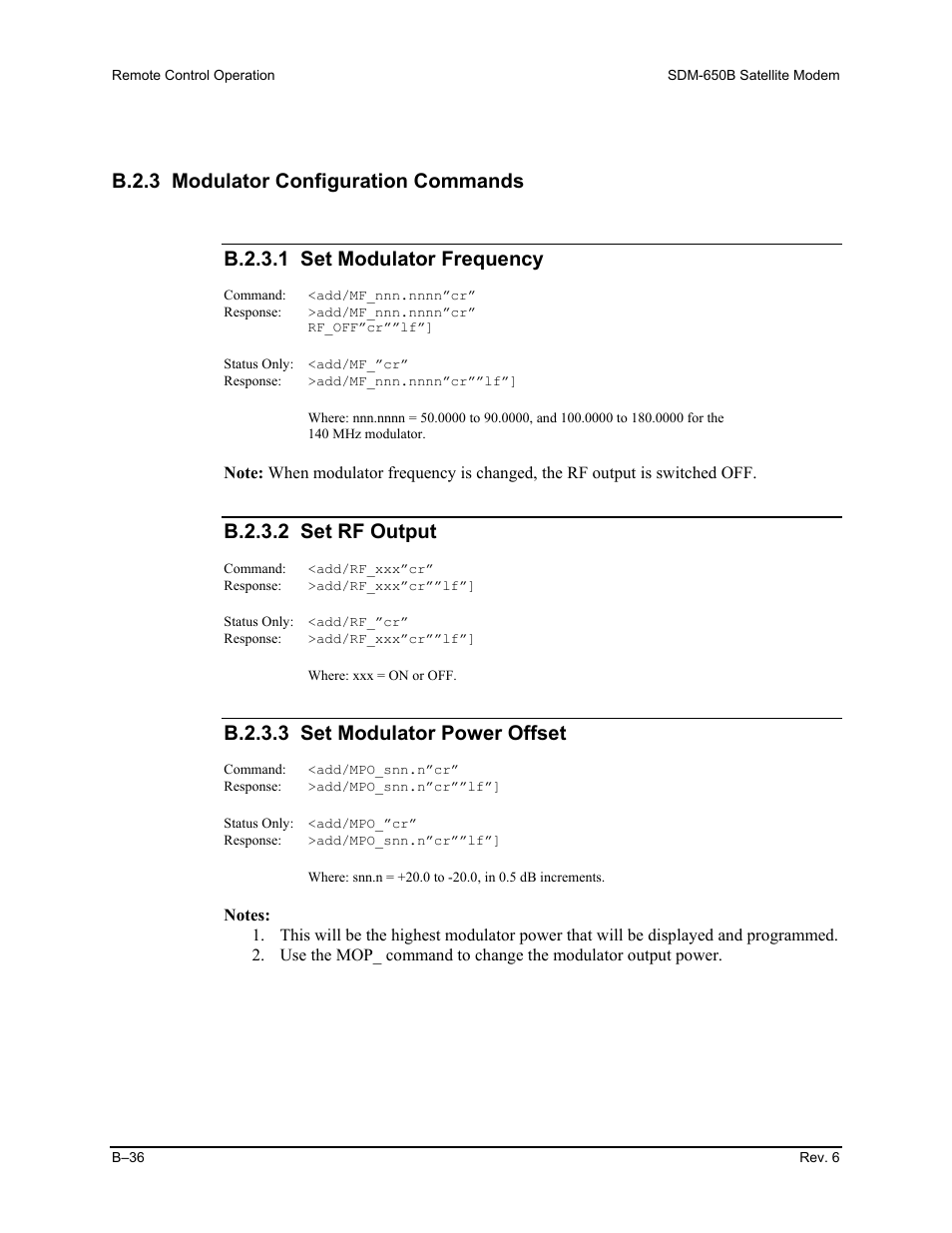 B.2.3 modulator configuration commands, B.2.3.2 set rf output, B.2.3.3 set modulator power offset | Comtech EF Data SDM-650B User Manual | Page 212 / 348