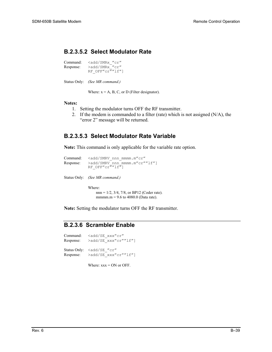 B.2.3.5.2 select modulator rate, B.2.3.5.3 select modulator rate variable, B.2.3.6 scrambler enable | Comtech EF Data SDM-650B User Manual | Page 215 / 348