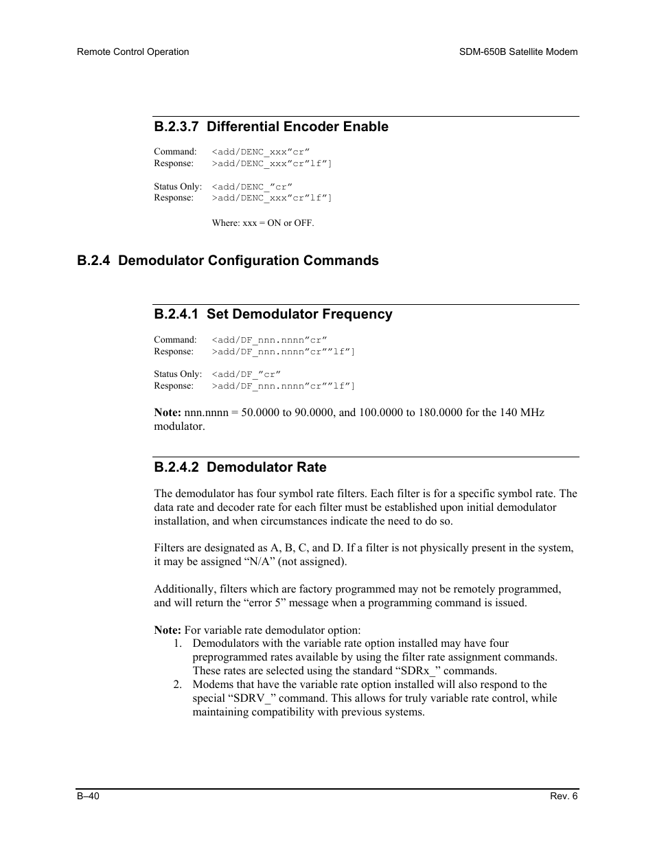 B.2.4 demodulator configuration commands, B.2.3.7 differential encoder enable, B.2.4.2 demodulator rate | Comtech EF Data SDM-650B User Manual | Page 216 / 348