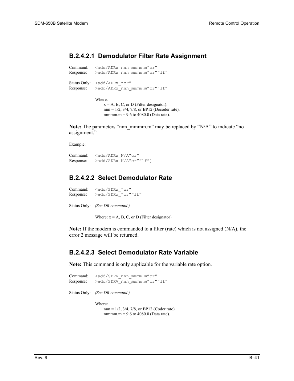 B.2.4.2.1 demodulator filter rate assignment, B.2.4.2.2 select demodulator rate, B.2.4.2.3 select demodulator rate variable | Comtech EF Data SDM-650B User Manual | Page 217 / 348