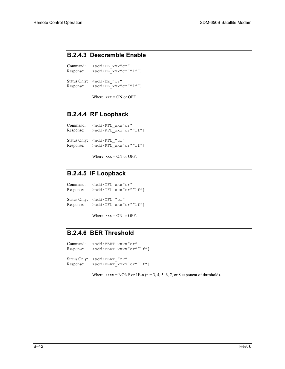 B.2.4.3 descramble enable, B.2.4.4 rf loopback, B.2.4.5 if loopback | B.2.4.6 ber threshold | Comtech EF Data SDM-650B User Manual | Page 218 / 348