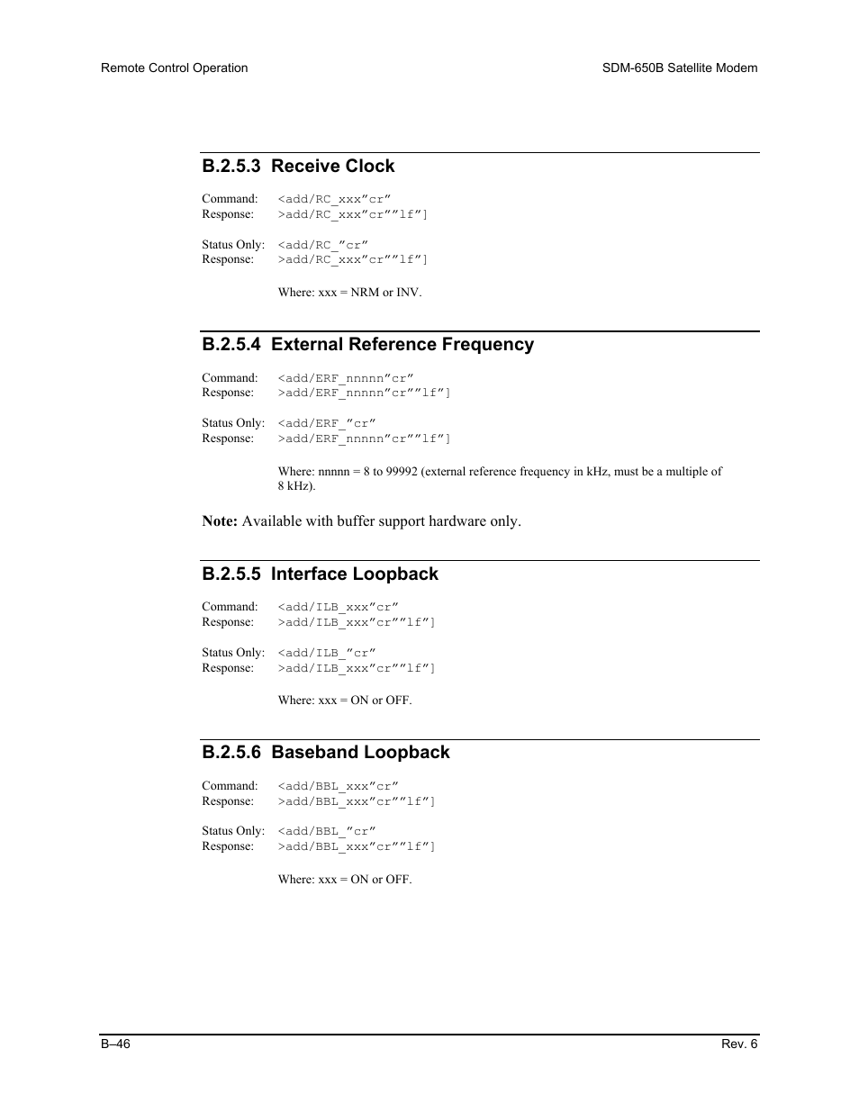 B.2.5.3 receive clock, B.2.5.4 external reference frequency, B.2.5.5 interface loopback | B.2.5.6 baseband loopback | Comtech EF Data SDM-650B User Manual | Page 222 / 348