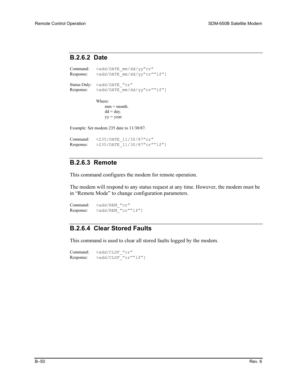 B.2.6.2 date, B.2.6.3 remote, B.2.6.4 clear stored faults | Comtech EF Data SDM-650B User Manual | Page 226 / 348