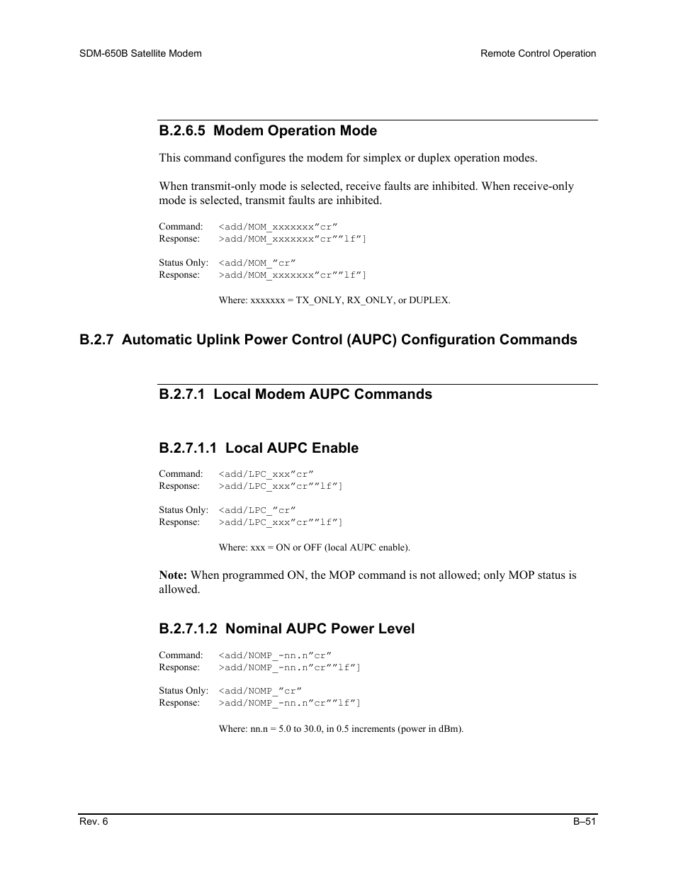 B.2.6.5 modem operation mode, B.2.7.1.2 nominal aupc power level | Comtech EF Data SDM-650B User Manual | Page 227 / 348