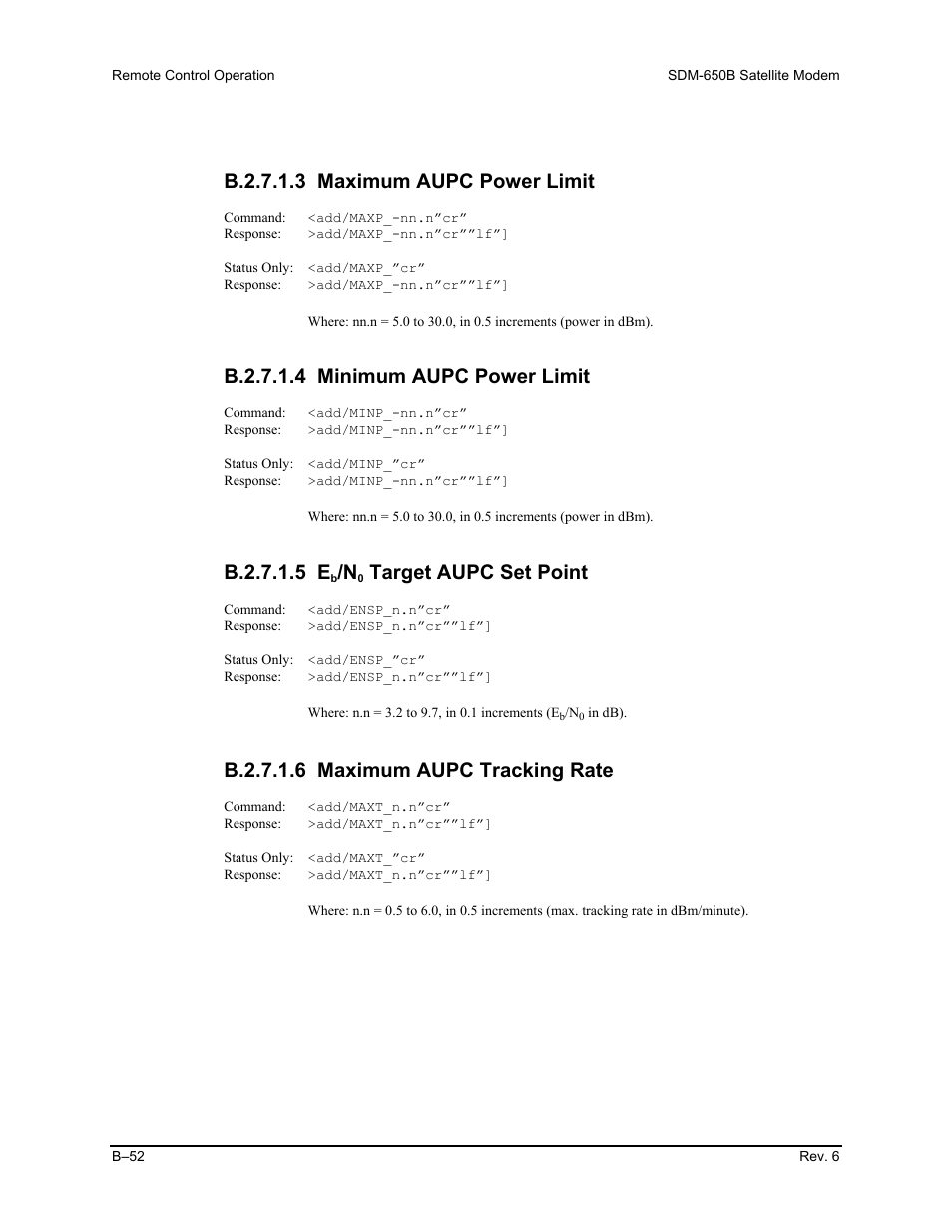 B.2.7.1.3 maximum aupc power limit, B.2.7.1.4 minimum aupc power limit, B.2.7.1.5 e | Target aupc set point, B.2.7.1.6 maximum aupc tracking rate | Comtech EF Data SDM-650B User Manual | Page 228 / 348