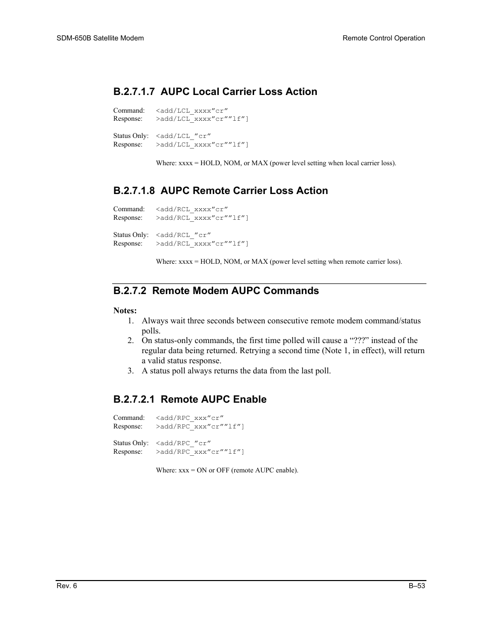 B.2.7.1.7 aupc local carrier loss action, B.2.7.1.8 aupc remote carrier loss action, B.2.7.2 remote modem aupc commands | B.2.7.2.1 remote aupc enable | Comtech EF Data SDM-650B User Manual | Page 229 / 348