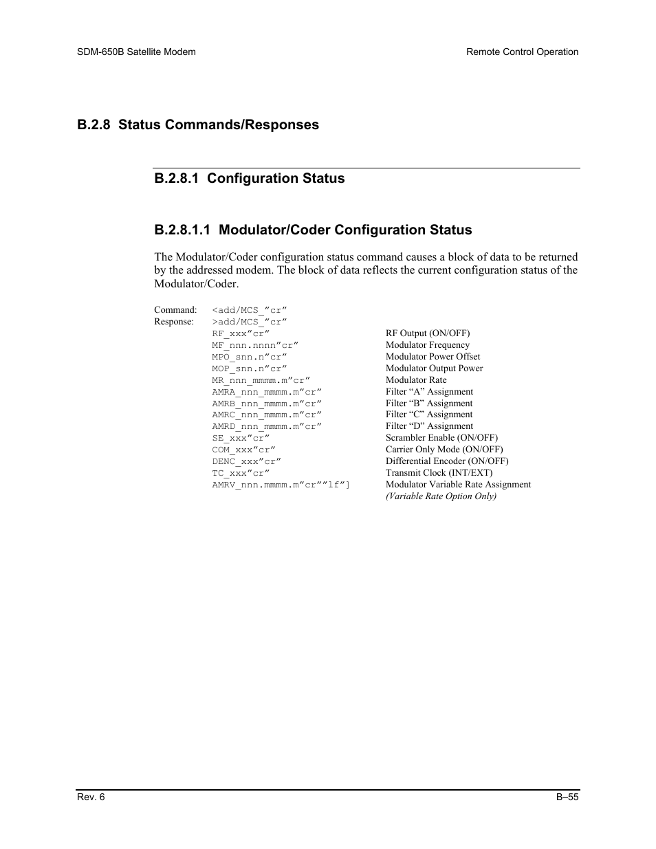 B.2.8 status commands/responses | Comtech EF Data SDM-650B User Manual | Page 231 / 348