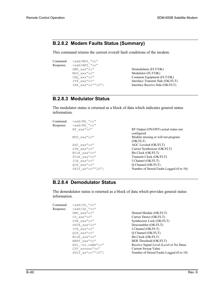 B.2.8.2 modem faults status (summary), B.2.8.3 modulator status, B.2.8.4 demodulator status | Comtech EF Data SDM-650B User Manual | Page 236 / 348