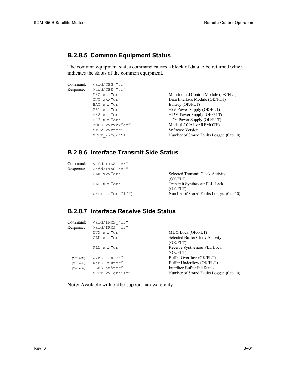 B.2.8.5 common equipment status, B.2.8.6 interface transmit side status, B.2.8.7 interface receive side status | Comtech EF Data SDM-650B User Manual | Page 237 / 348