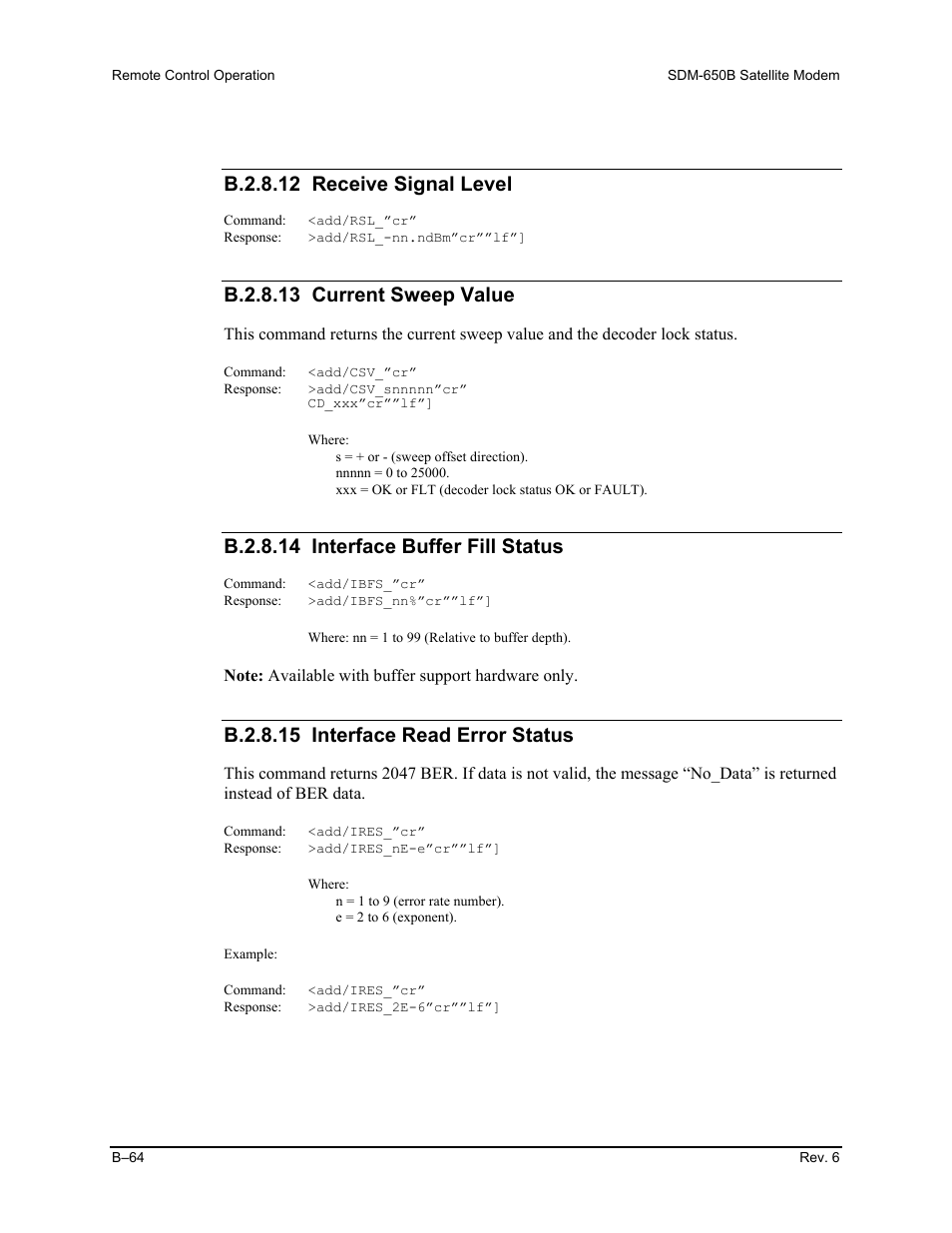 B.2.8.12 receive signal level, B.2.8.13 current sweep value, B.2.8.14 interface buffer fill status | B.2.8.15 interface read error status | Comtech EF Data SDM-650B User Manual | Page 240 / 348