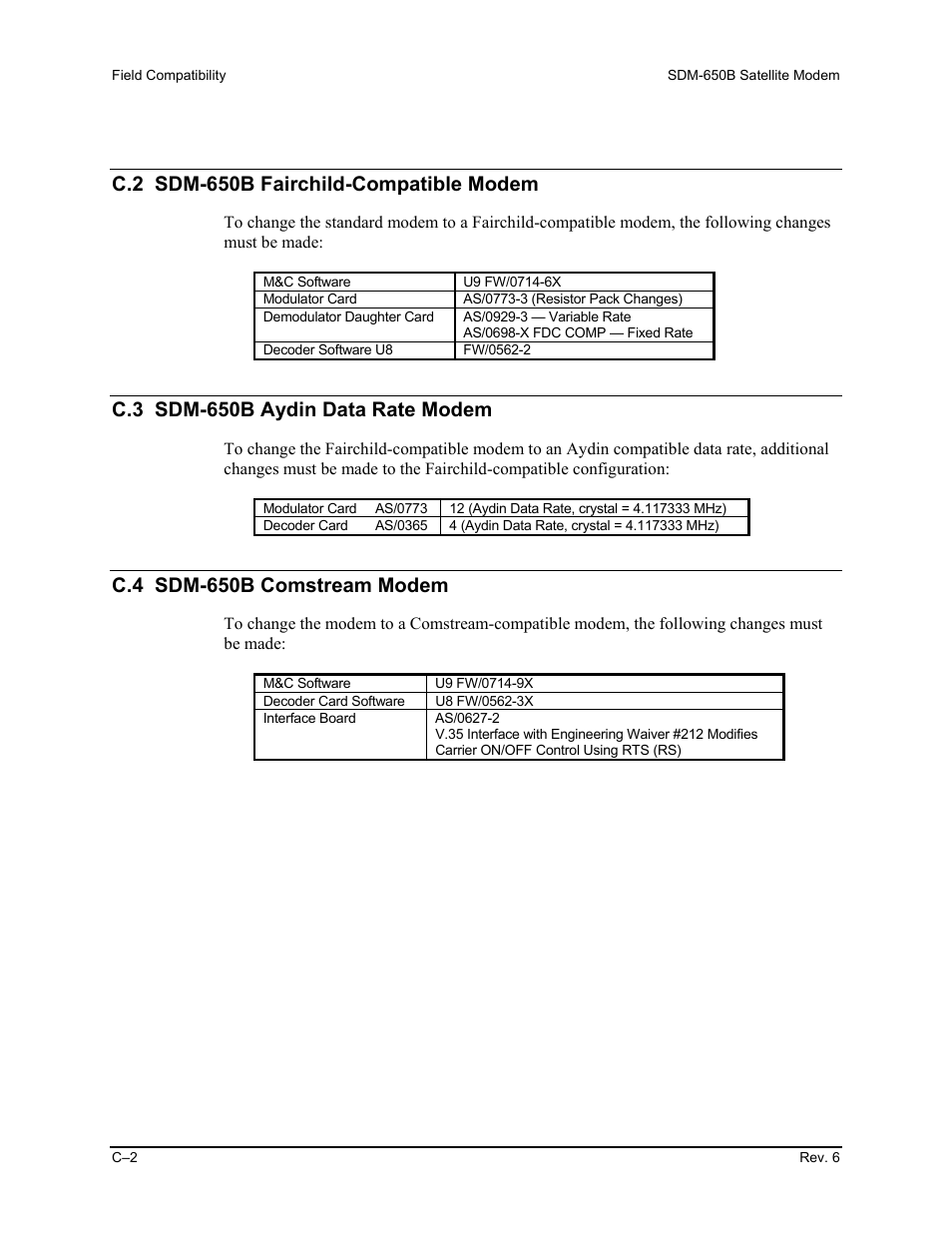 C.2 sdm-650b fairchild-compatible modem, C.3 sdm-650b aydin data rate modem, C.4 sdm-650b comstream modem | Comtech EF Data SDM-650B User Manual | Page 250 / 348