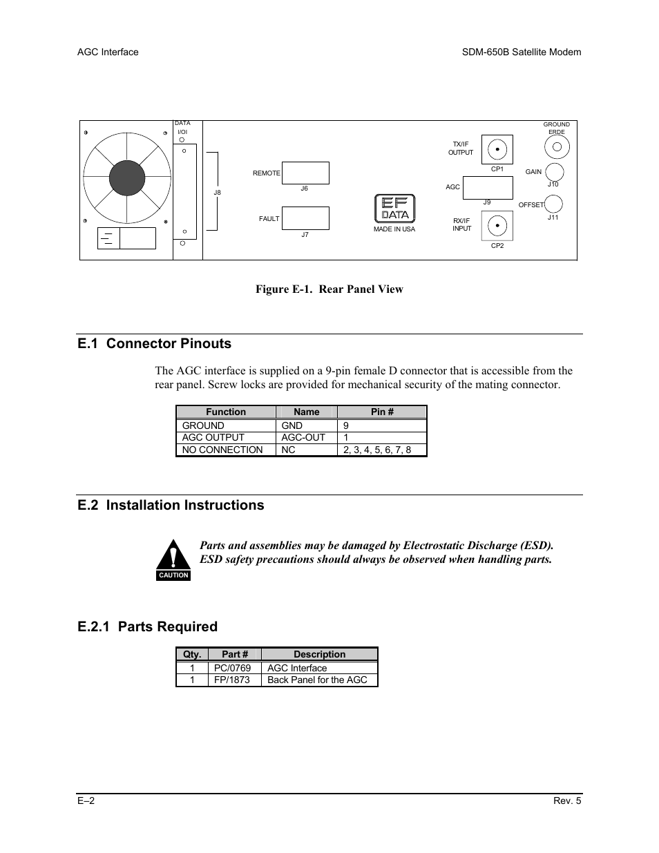 E.1 connector pinouts, E.2 installation instructions, E.2.1 parts required | Figure e-1. rear panel view | Comtech EF Data SDM-650B User Manual | Page 254 / 348