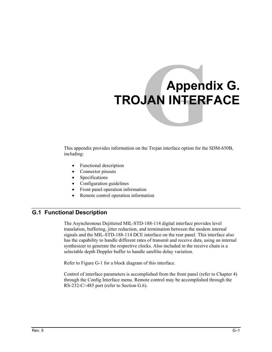 G. trojan interface, G.1 functional description, Appendix g. trojan interface | Comtech EF Data SDM-650B User Manual | Page 297 / 348