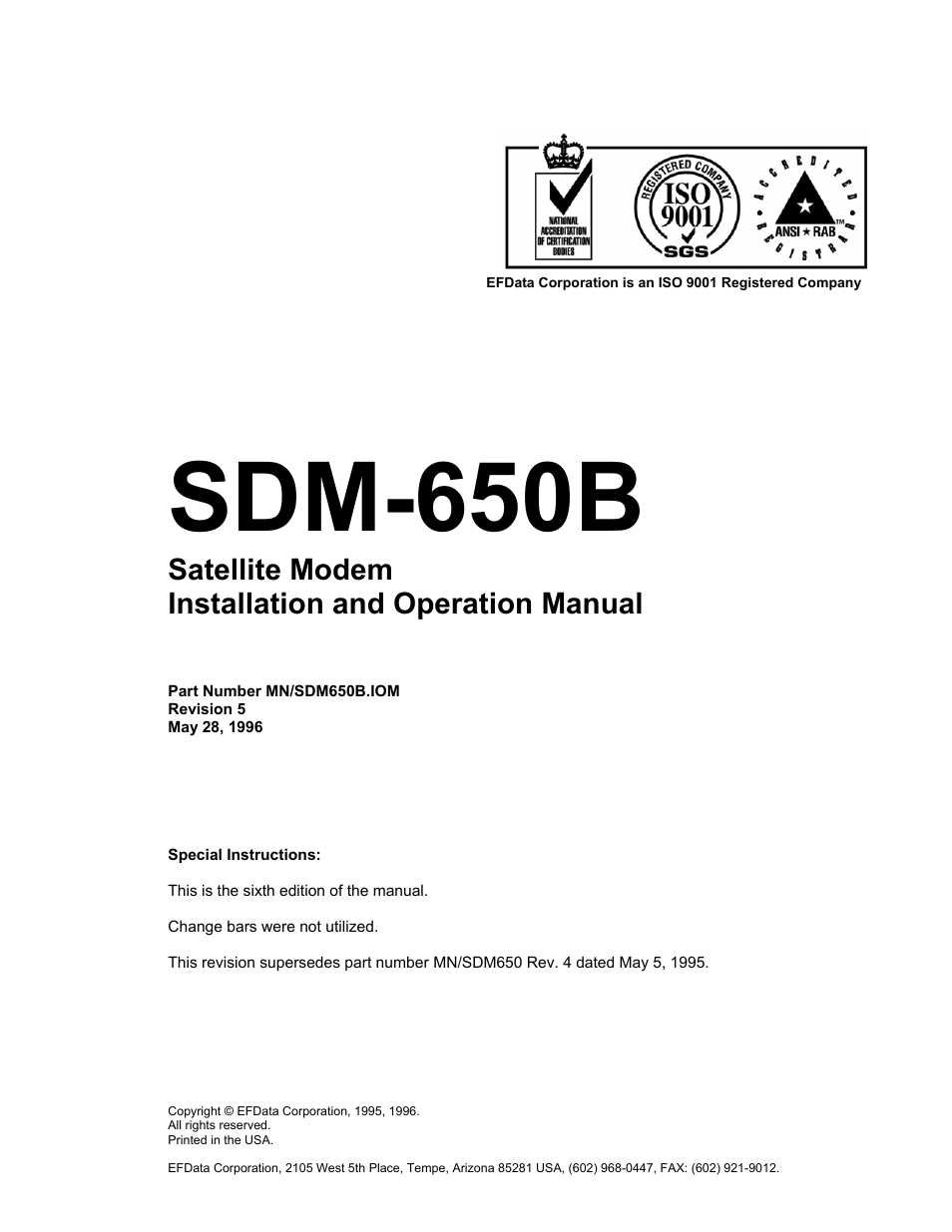 Sdm-650b, Satellite modem installation and operation manual | Comtech EF Data SDM-650B User Manual | Page 3 / 348