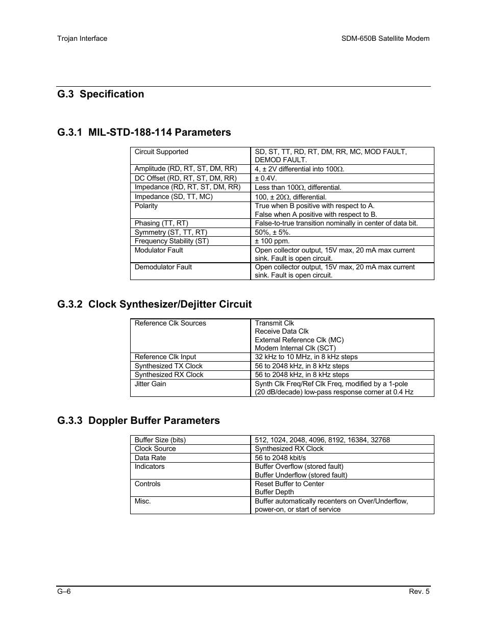 G.3 specification, G.3.1 mil-std-188-114 parameters, G.3.2 clock synthesizer/dejitter circuit | G.3.3 doppler buffer parameters | Comtech EF Data SDM-650B User Manual | Page 302 / 348