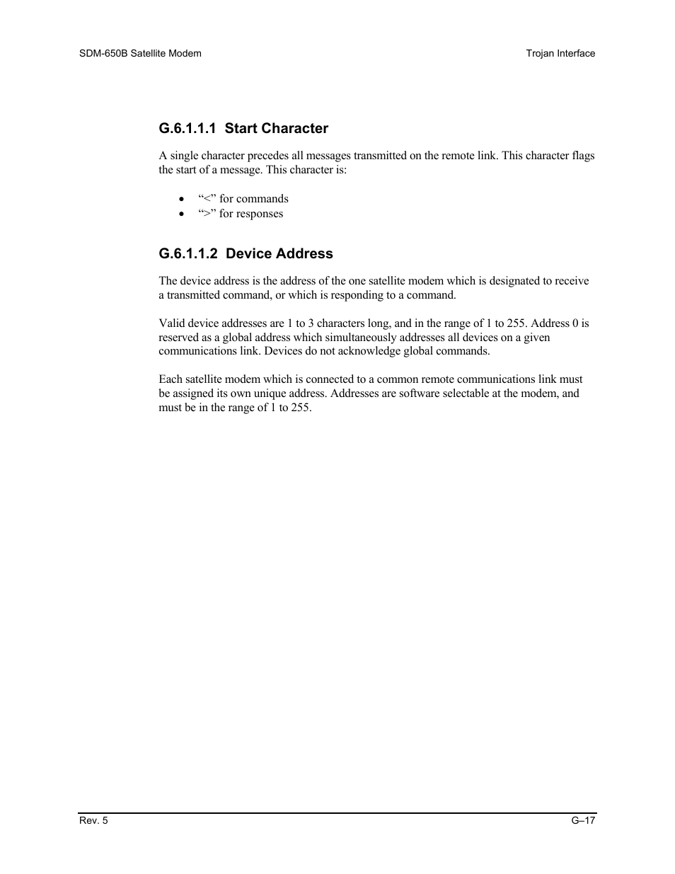 G.6.1.1.1 start character, G.6.1.1.2 device address | Comtech EF Data SDM-650B User Manual | Page 313 / 348