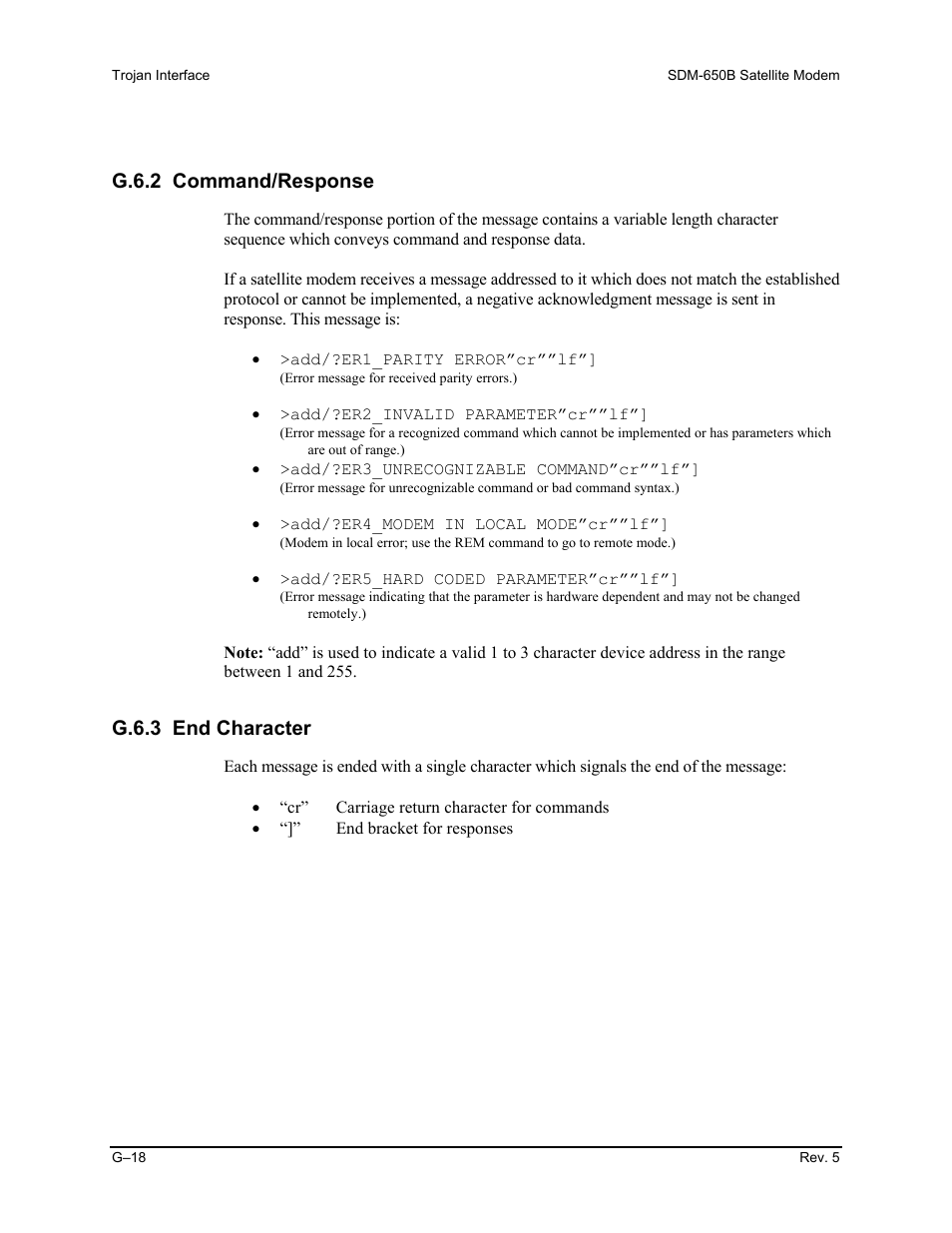 G.6.2 command/response, G.6.3 end character | Comtech EF Data SDM-650B User Manual | Page 314 / 348