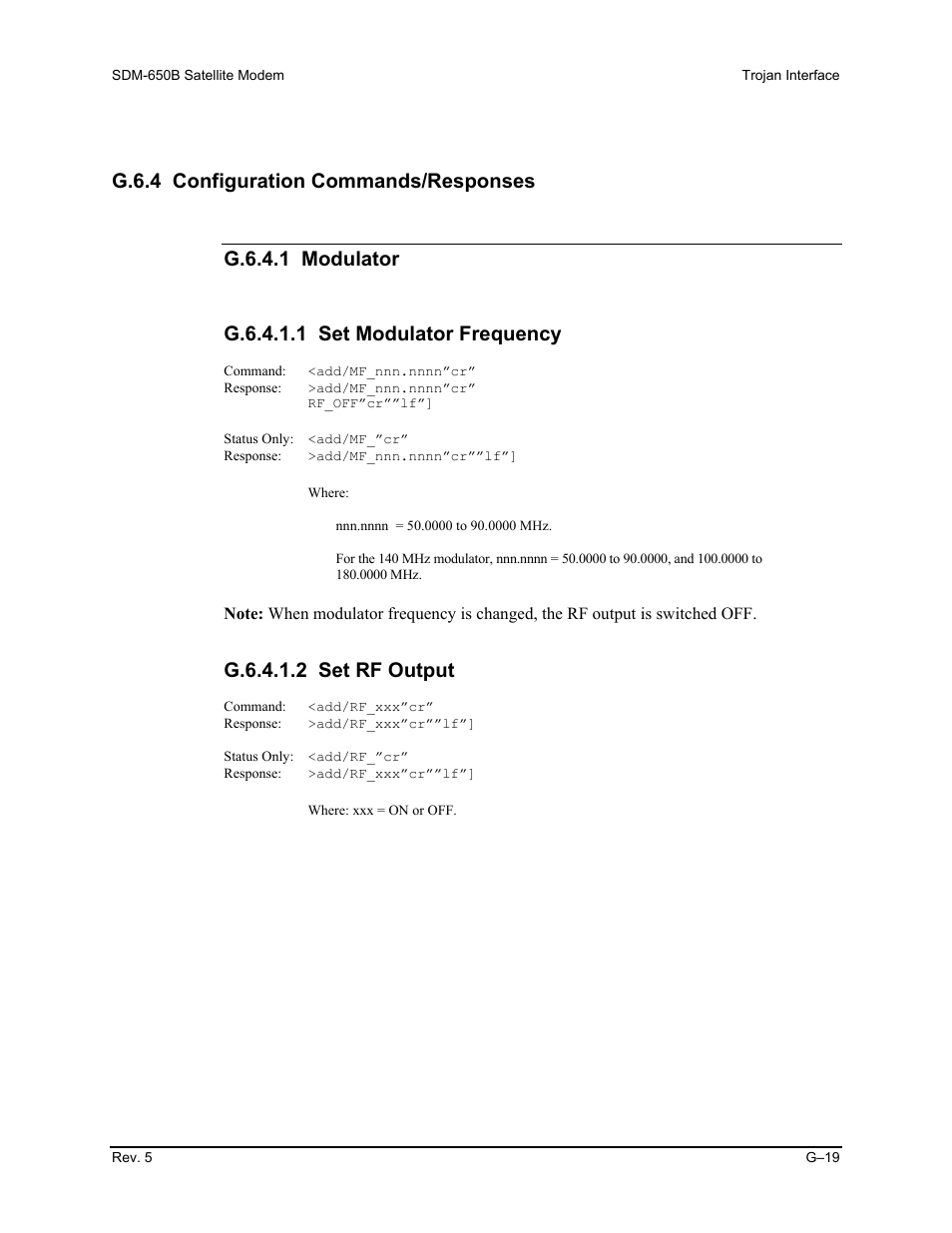 G.6.4 configuration commands/responses, G.6.4.1.2 set rf output | Comtech EF Data SDM-650B User Manual | Page 315 / 348