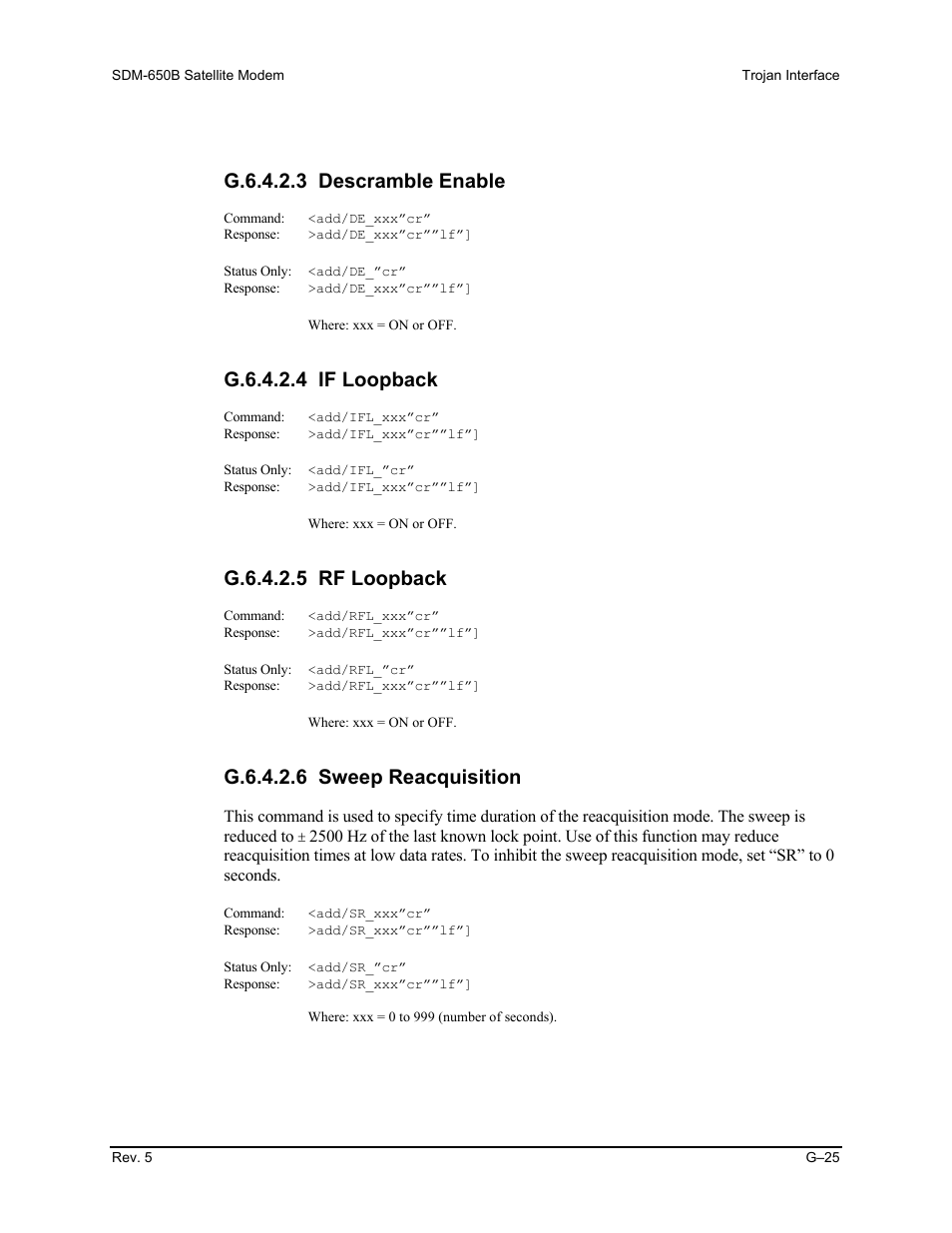 G.6.4.2.3 descramble enable, G.6.4.2.4 if loopback, G.6.4.2.5 rf loopback | G.6.4.2.6 sweep reacquisition | Comtech EF Data SDM-650B User Manual | Page 321 / 348