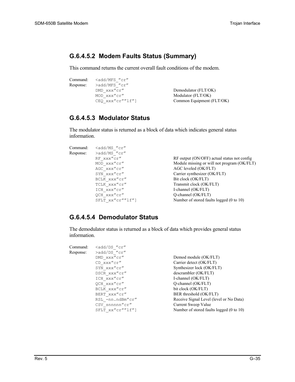 G.6.4.5.2 modem faults status (summary), G.6.4.5.3 modulator status, G.6.4.5.4 demodulator status | Comtech EF Data SDM-650B User Manual | Page 331 / 348