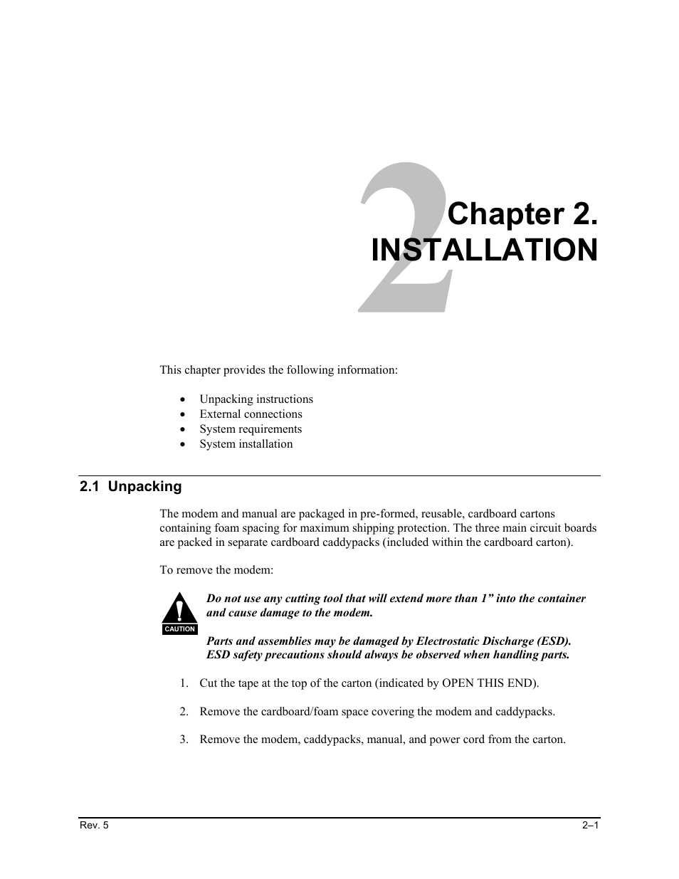 Installation, 1 unpacking, Chapter 2. installation | Comtech EF Data SDM-650B User Manual | Page 37 / 348