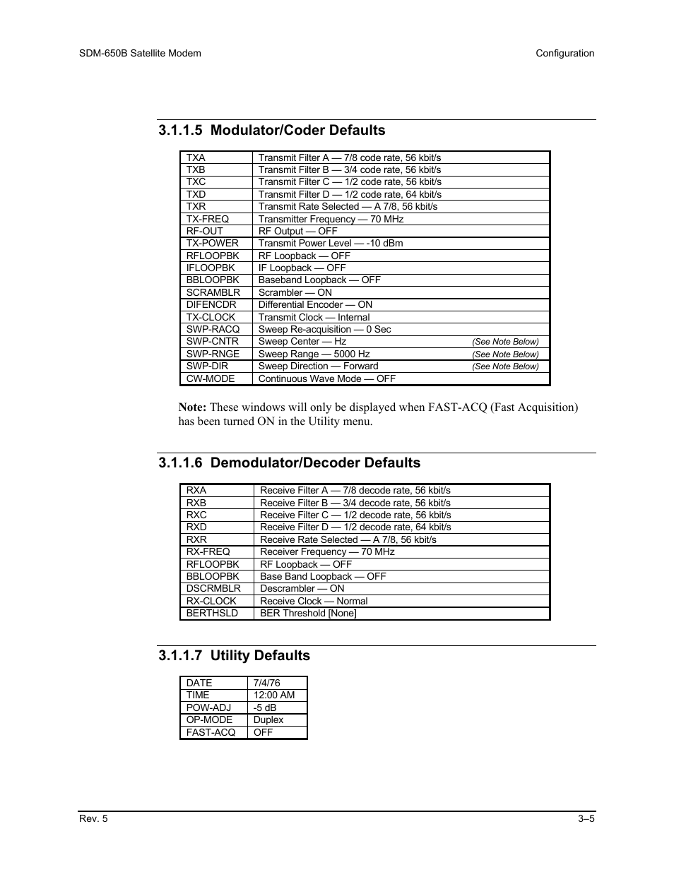 5 modulator/coder defaults, 6 demodulator/decoder defaults, 7 utility defaults | Comtech EF Data SDM-650B User Manual | Page 47 / 348